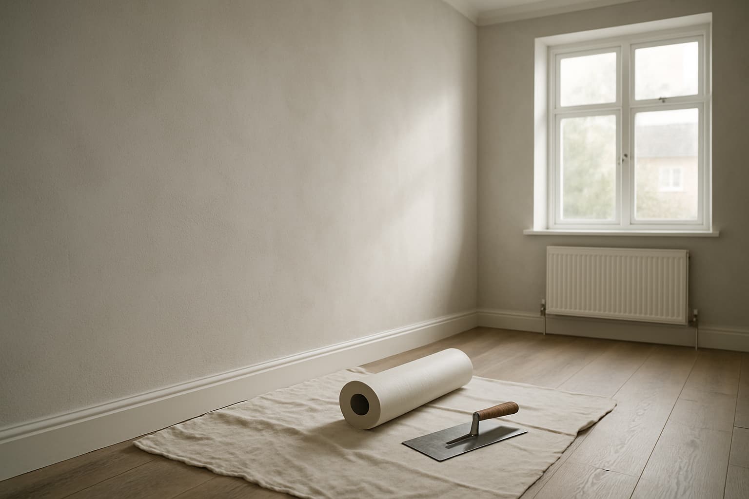 Lege gerenoveerde kamer met behangklaar gestucte wanden, daglicht dat de lichte wandtextuur zichtbaar maakt, met een stucspaan en rol behangpapier op een afdekzeil