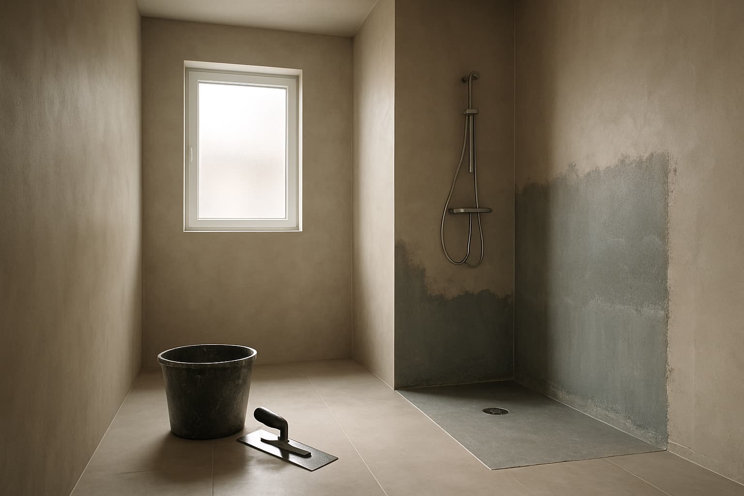 Moderne badkamer met strak gestuukte grijze wanden, een deels afgewerkte wand met waterdichte voorstrijklaag en stucgereedschap op de vloer bij daglicht