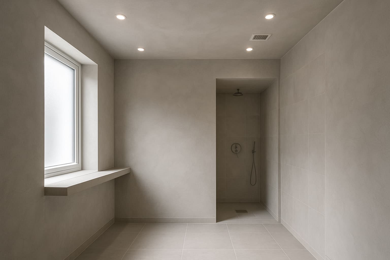 Moderne badkamer met glad gestucte wanden en plafond, inbouwspots, een ventilatierooster en een eenvoudige wandplank, verlicht door zacht daglicht.