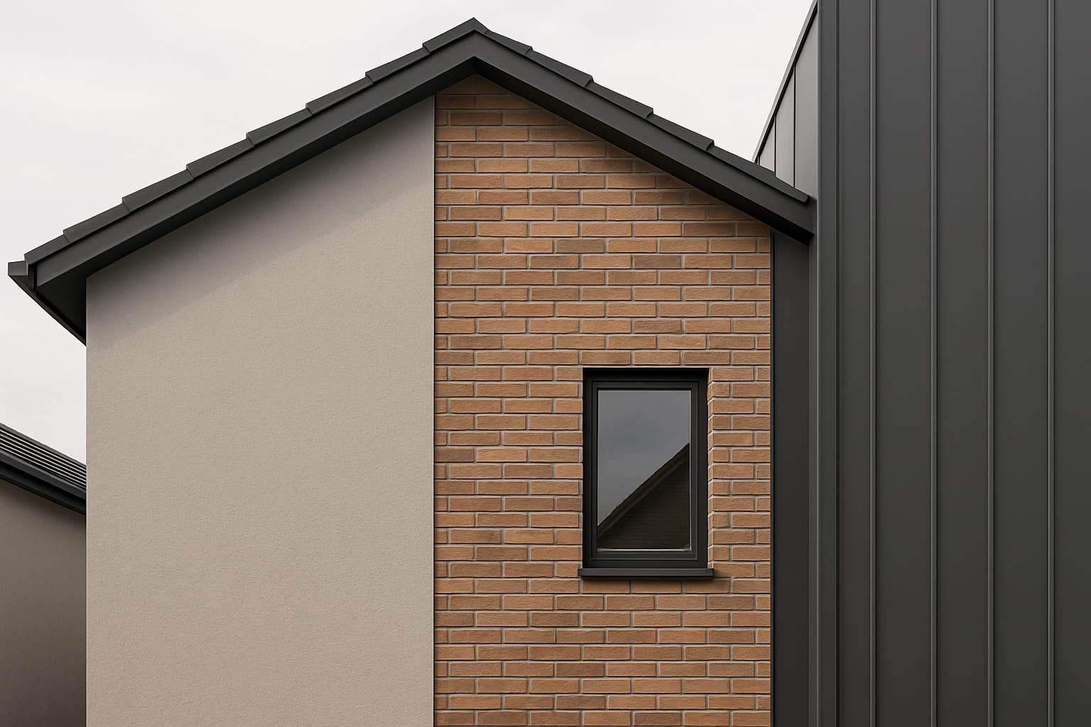 Buitengevel met naast elkaar drie soorten bekleding: grijs buitenstucwerk, steenstrips en moderne gevelpanelen in daglicht