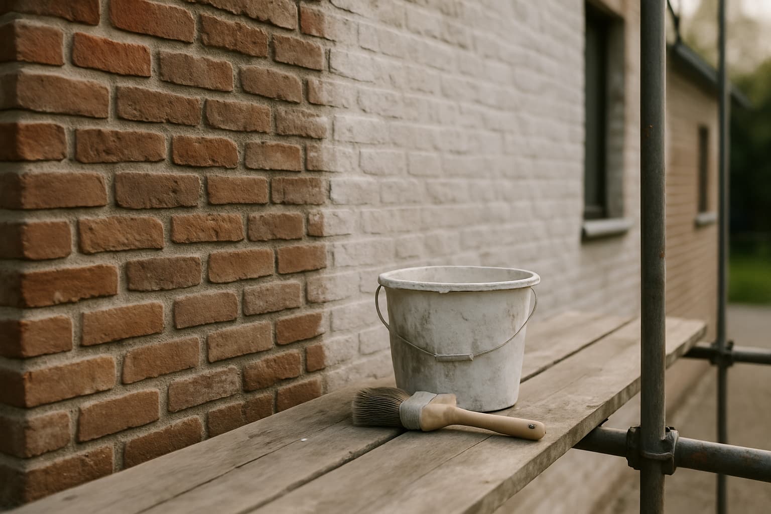 Bakstenen buitengevel met dunne witte kaleilaag waardoor de baksteentextuur zichtbaar blijft, met een kwast en emmer kalkmelk op een steiger bij daglicht
