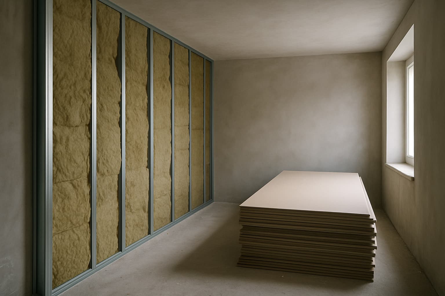Kamer in renovatie met een voorzetwand van metalen profielen en isolatiewol, gipsplaten tegen de wand en een glad gestuukt plafonddeel in daglicht