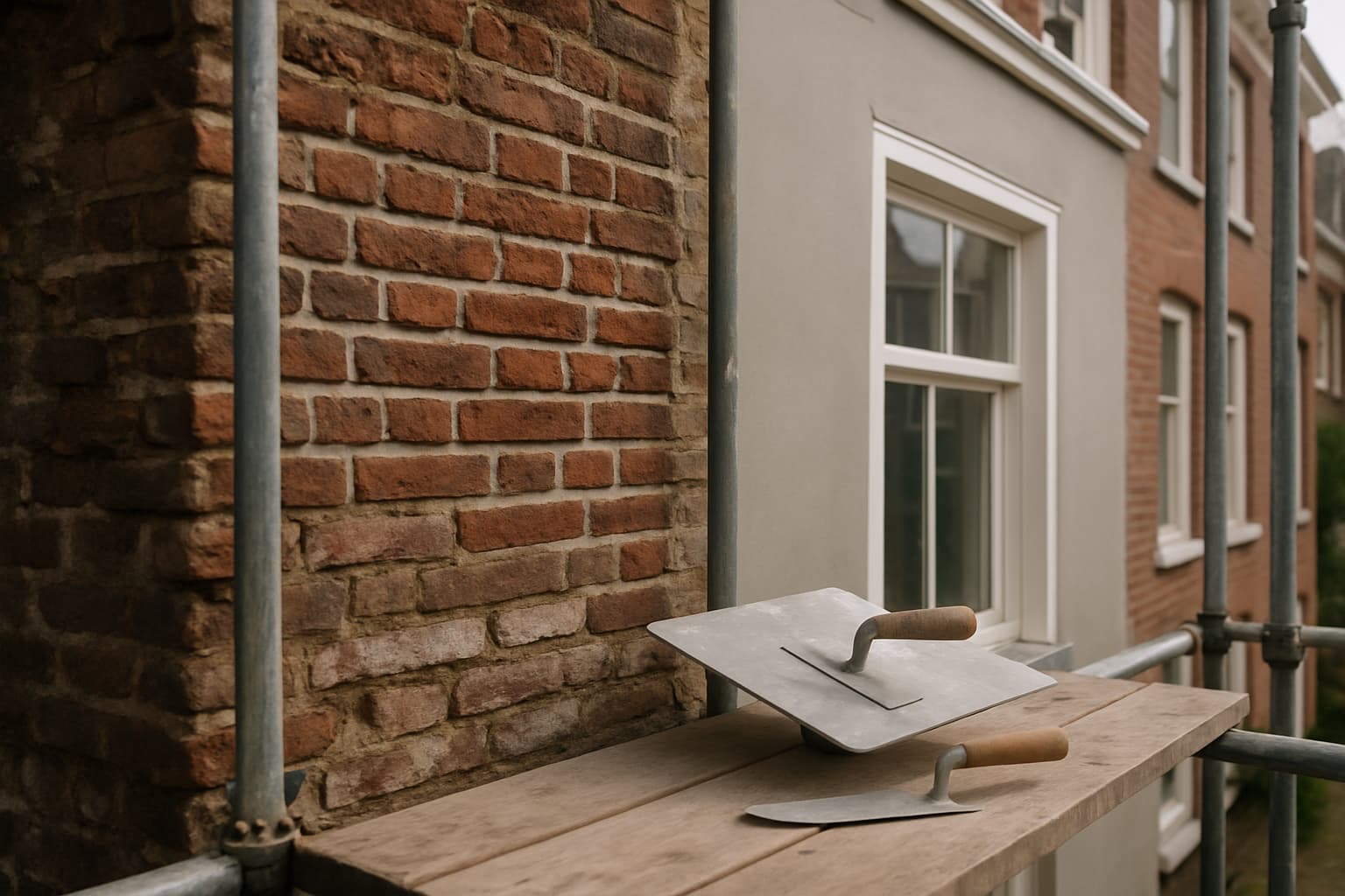 Bakstenen gevel van een Nederlands rijtjeshuis in renovatie, deels opnieuw gevoegd en deels afgewerkt met minerale pleisterlaag, met steiger en stucgereedschap op de voorgrond