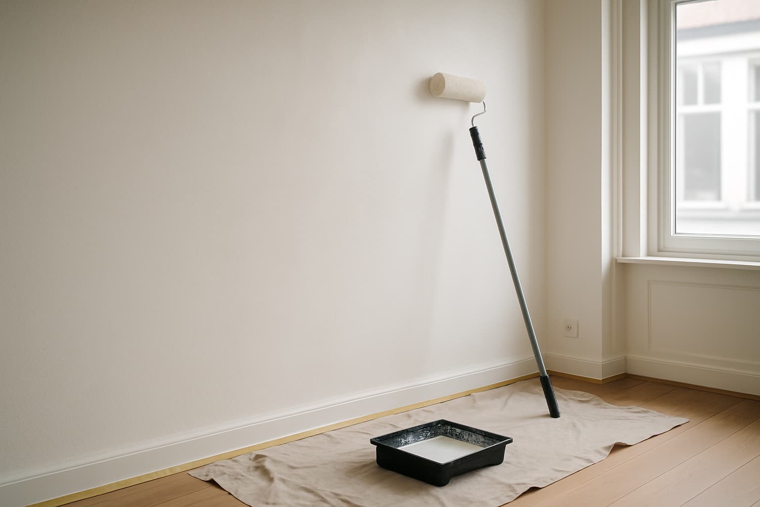 Gladde gestucte witte muur in een lege kamer met verfroller, verfbak met latex en afgeplakte plint, in natuurlijk daglicht