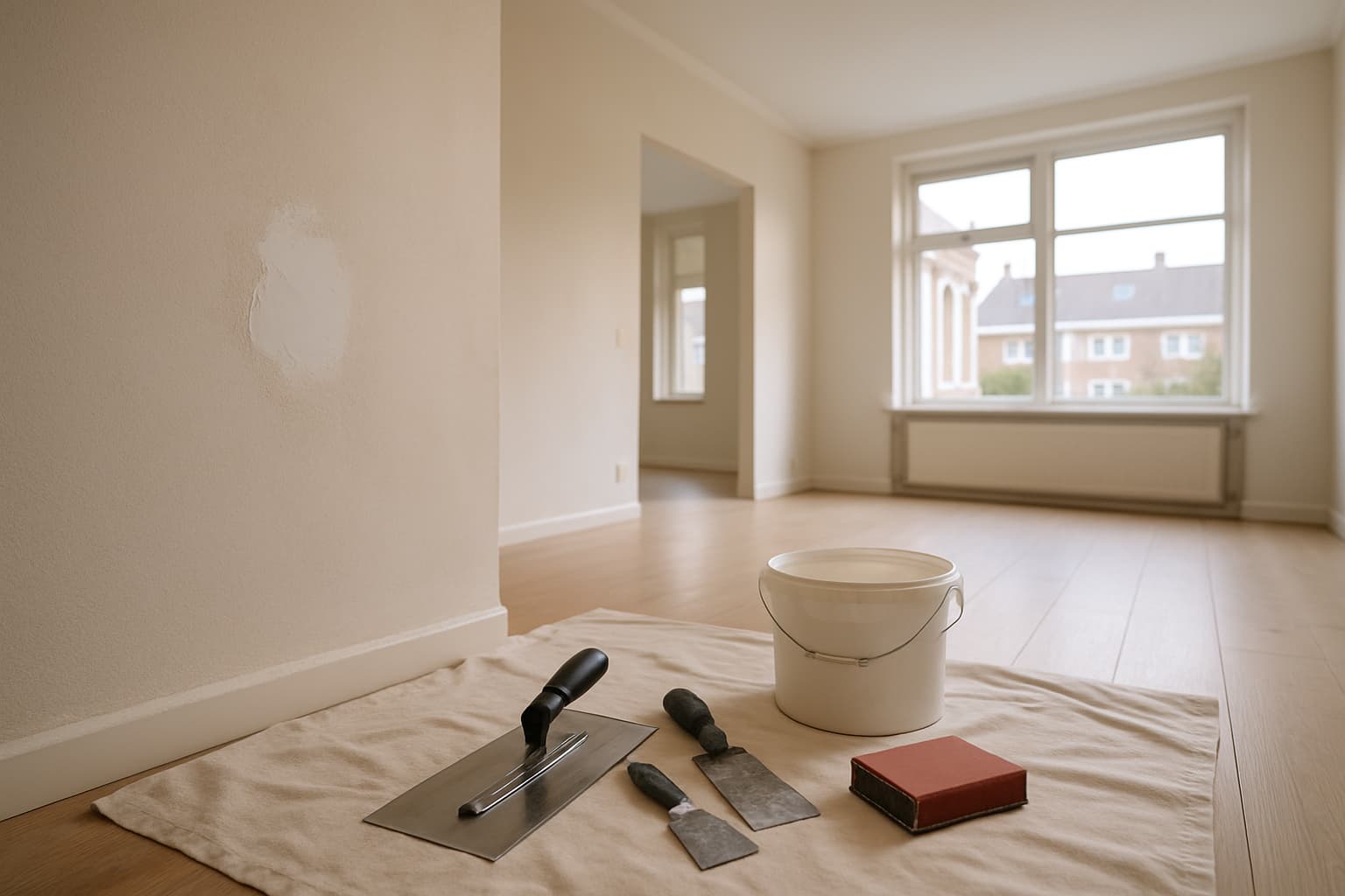 Lichte lege woonkamer met glad gestuukte wanden, een gerepareerde plek in de muur en stucgereedschap zoals troffel, plamuurmes en emmer voorstrijk op een afdekzeil bij daglicht