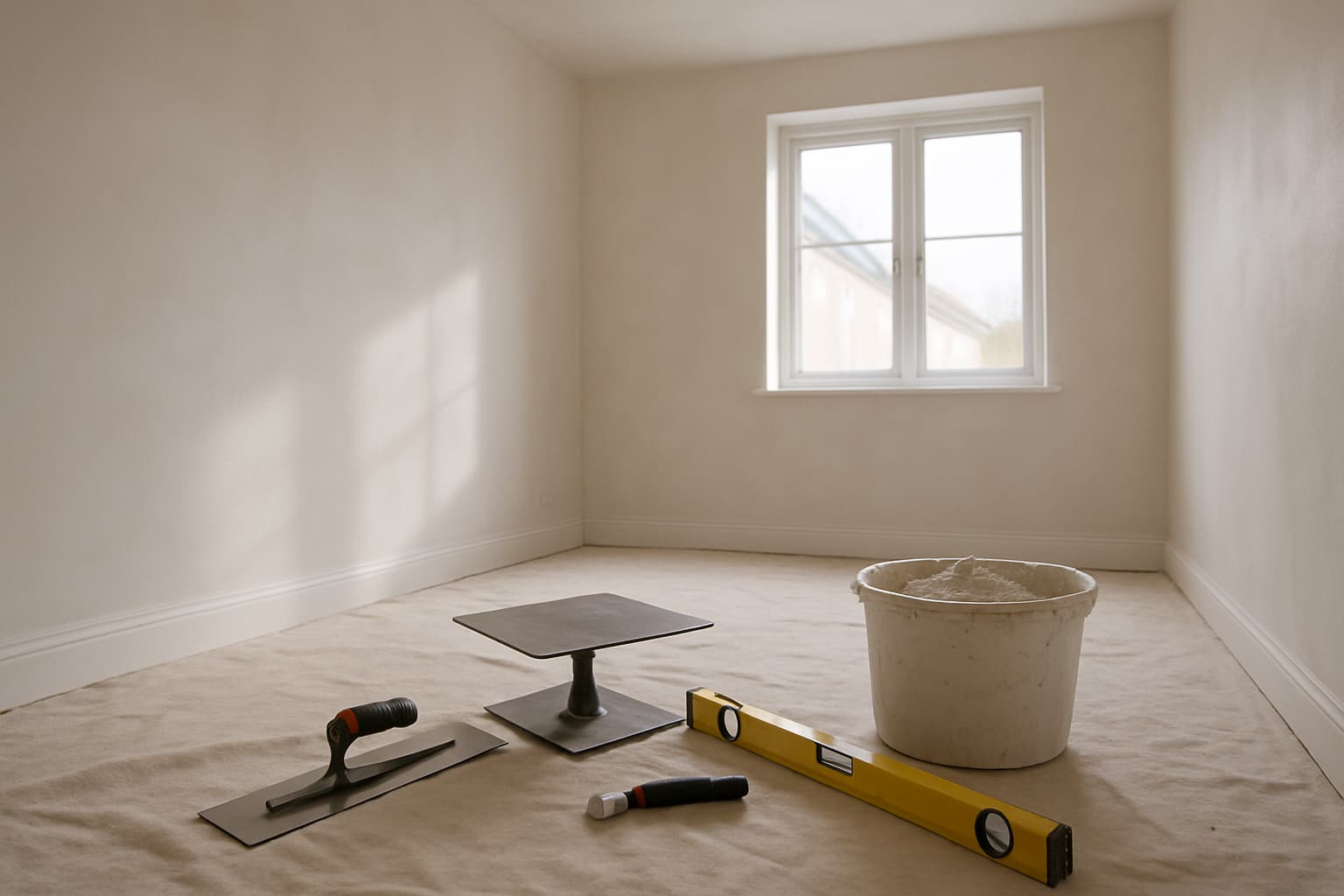Lichte lege kamer met glad gestuukte witte wanden, daglicht door een raam en stukadoorsgereedschap zoals een spaan en emmer stucmortel op de vloer