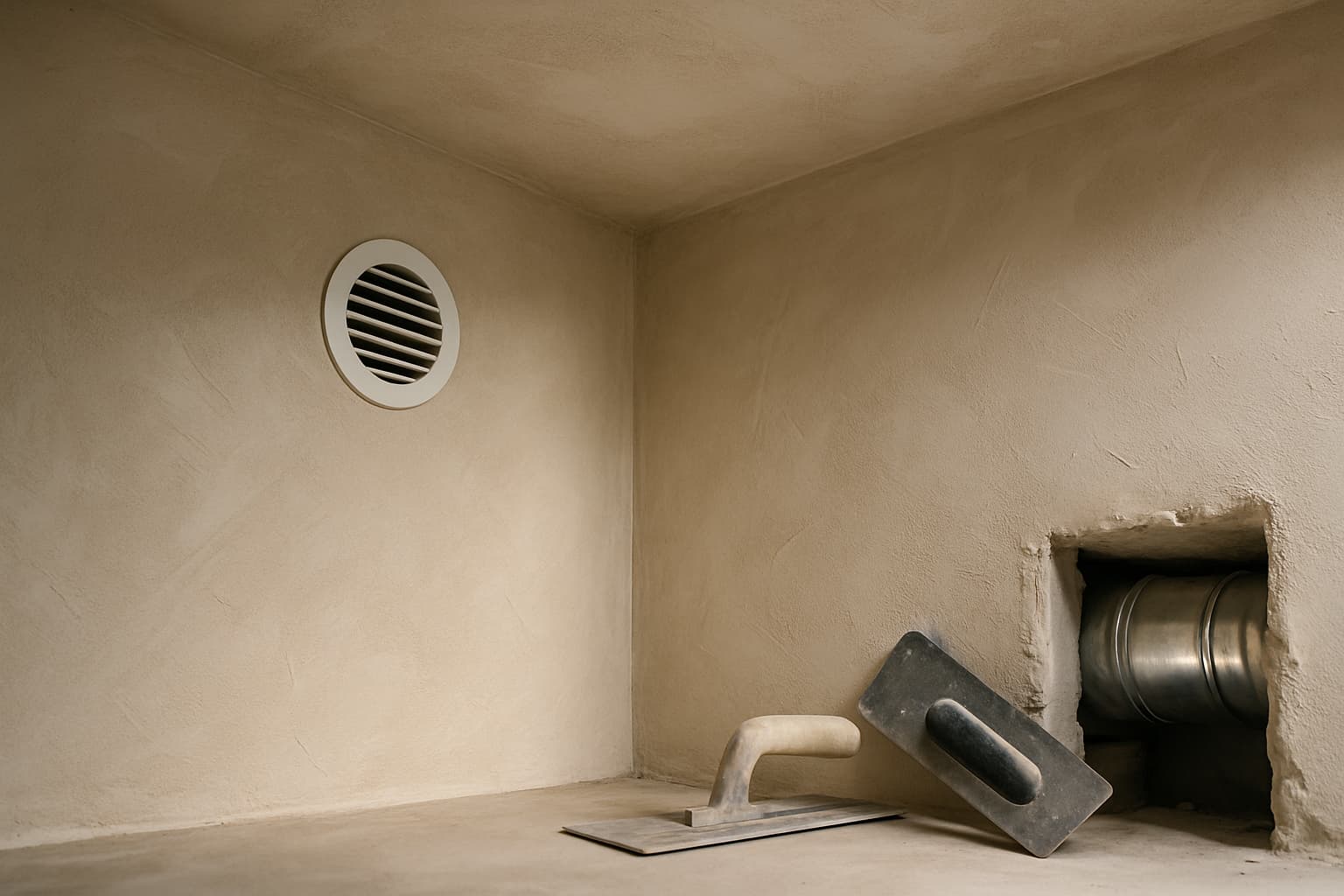 Gestuct plafond en muur met een ingebouwd ventilatierooster, natuurlijk licht toont de gladde afwerking en subtiele pleisterstructuur rondom de opening.
