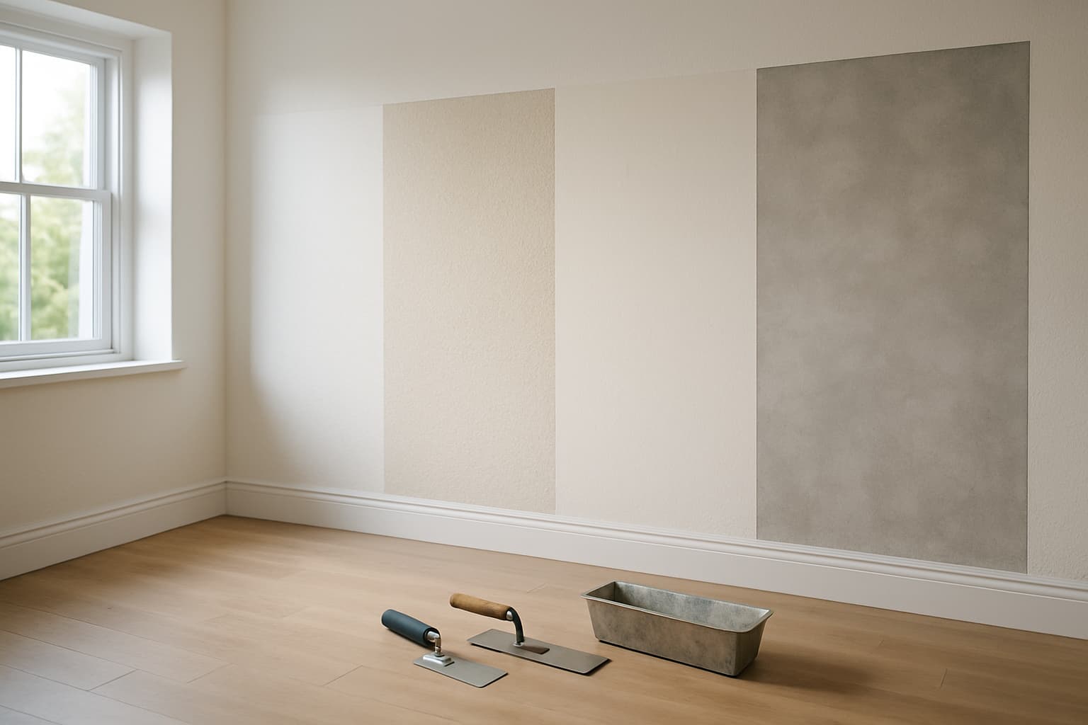 Lichte, lege kamer met een wand waarop verschillende soorten wandafwerking naast elkaar te zien zijn: glad stucwerk, spuitwerk, renovlies en betonlook, met daglicht en stucgereedschap op de vloer.