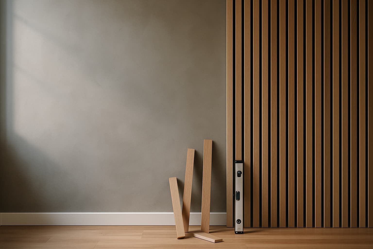 Moderne woonkamerwand die deels glad gestuct is en deels bekleed met verticale eiken lattenwand op zwarte vilt, met daglicht van de zijkant en losse latten met waterpas tegen de plint.