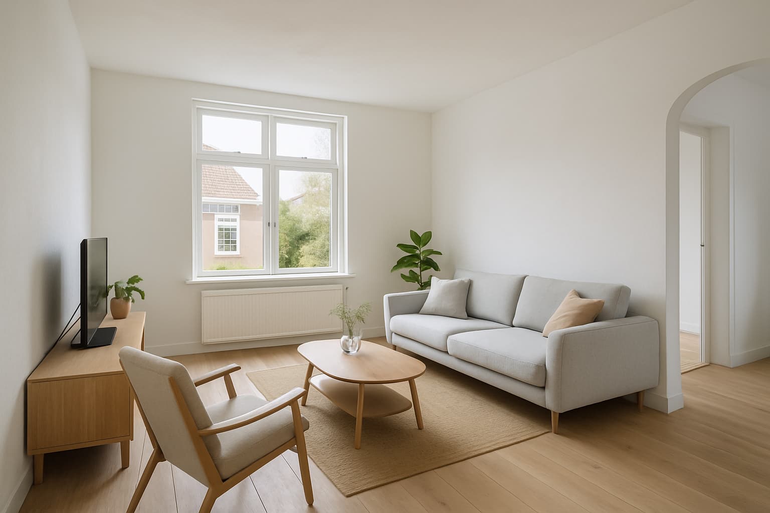 Strak afgewerkte, moderne woonkamer met gladde wanden