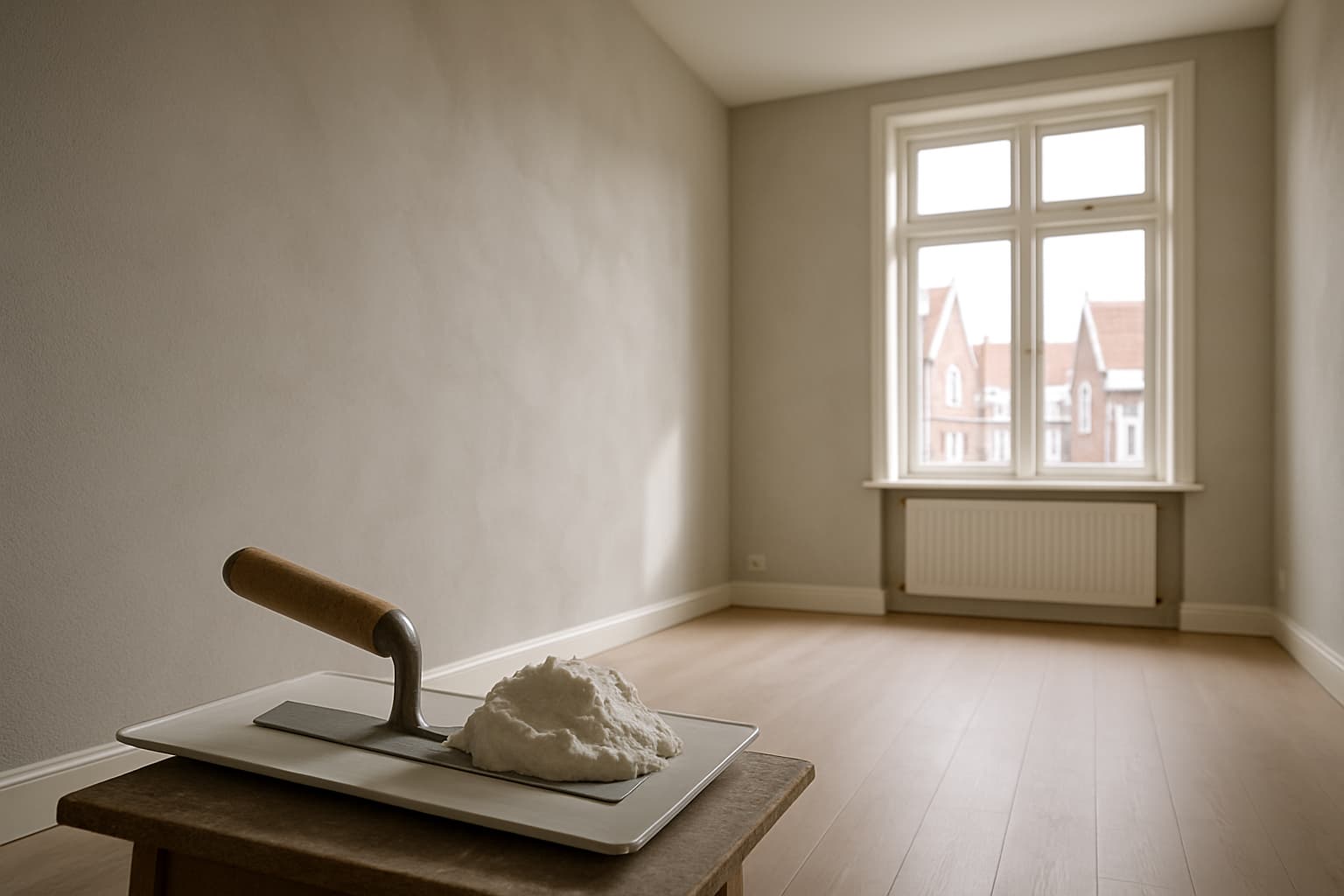 Lichte lege woonkamer met strak gestucte wanden en een stucspaan met verse specie op een mortelplank in de voorgrond
