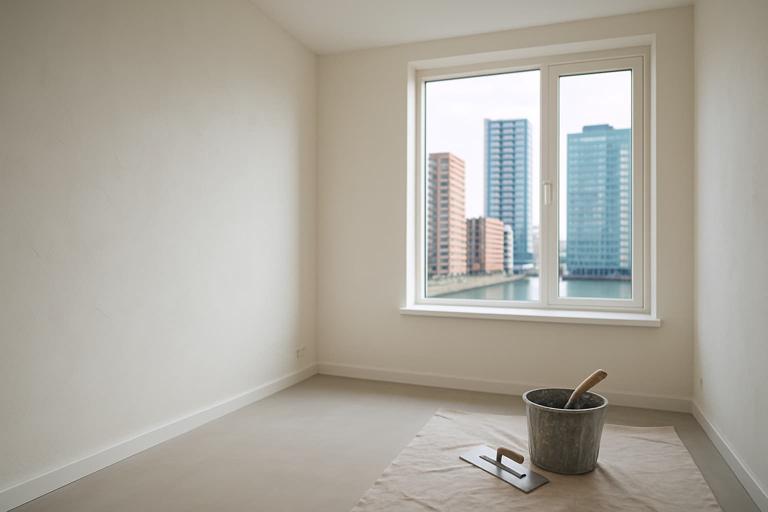 Lichte lege kamer in een Rotterdams appartement met glad gestuukte witte wanden, gereedschap van de stukadoor op een stofdoek en uitzicht op moderne hoogbouw aan het water.