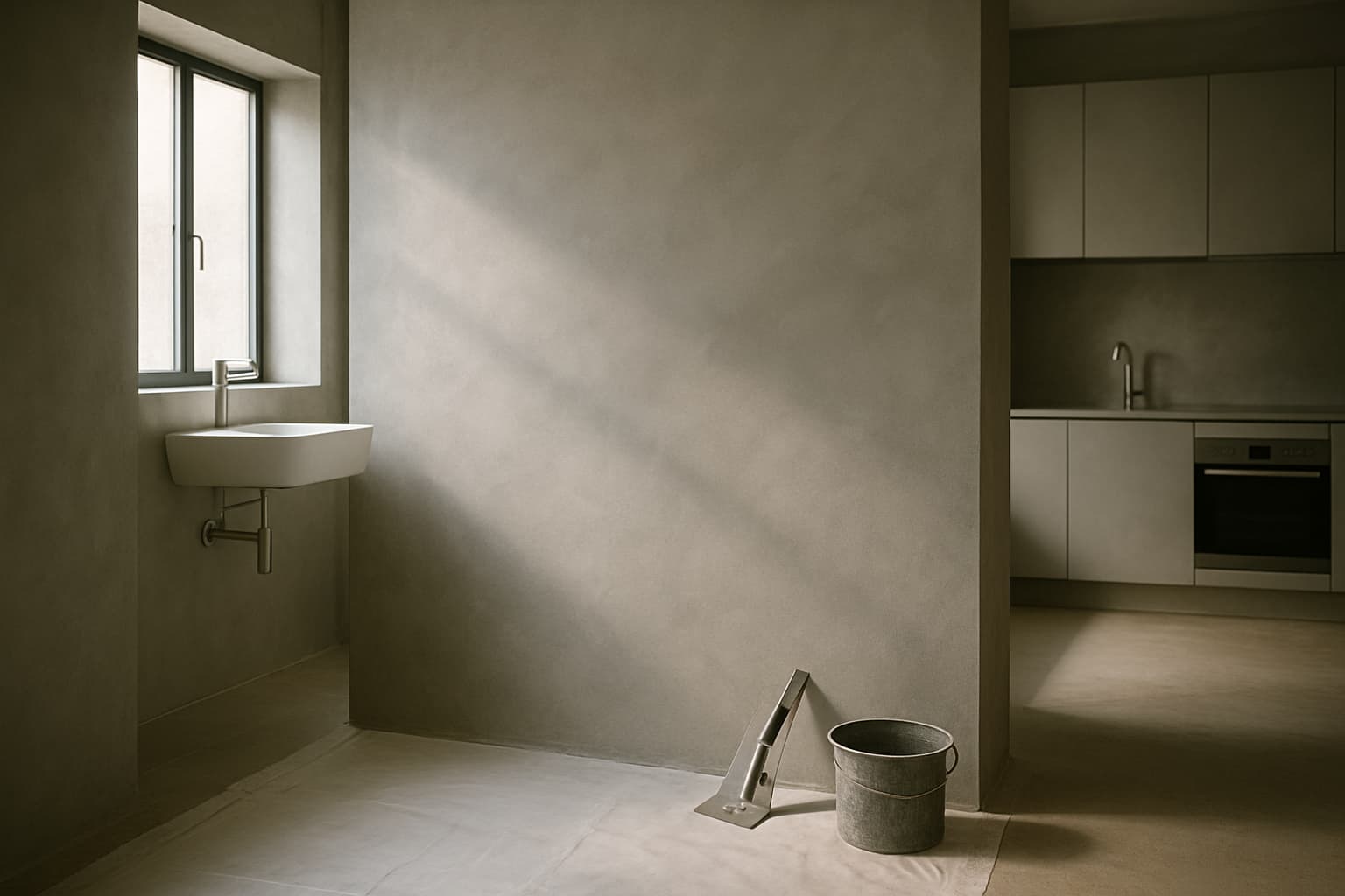 Naadloze grijze beton cire wand in een minimalistische badkamer met keukenhoek, met daglicht dat de zachte betonlook-textuur toont en een stalen pleisterspaan op de vloer