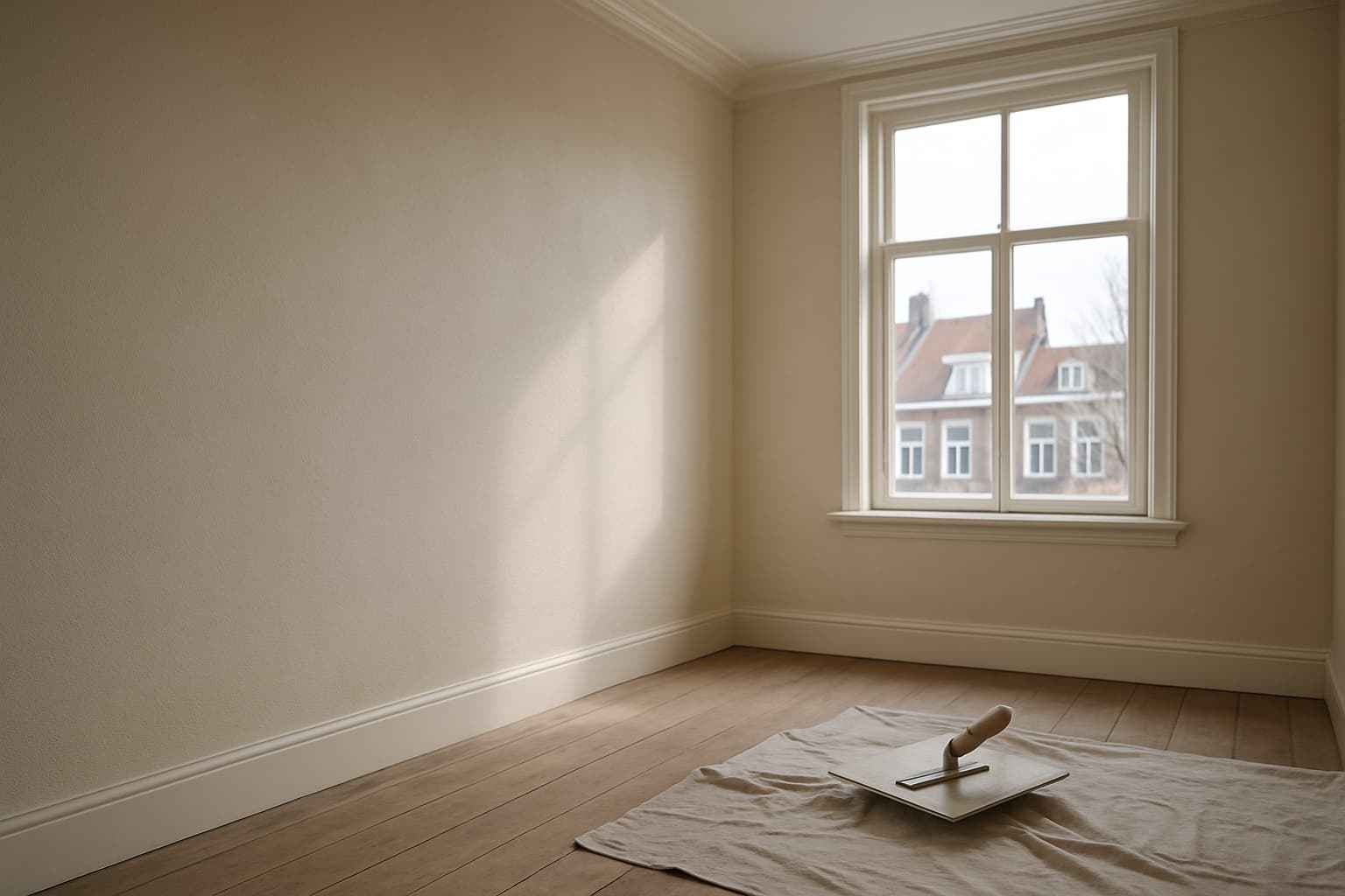 Lege woonkamer met gladde, sausklaar gestucte wanden in matwit, met daglicht dat over het wandoppervlak strijkt en een stucspaan op een afdekzeil in de hoek.