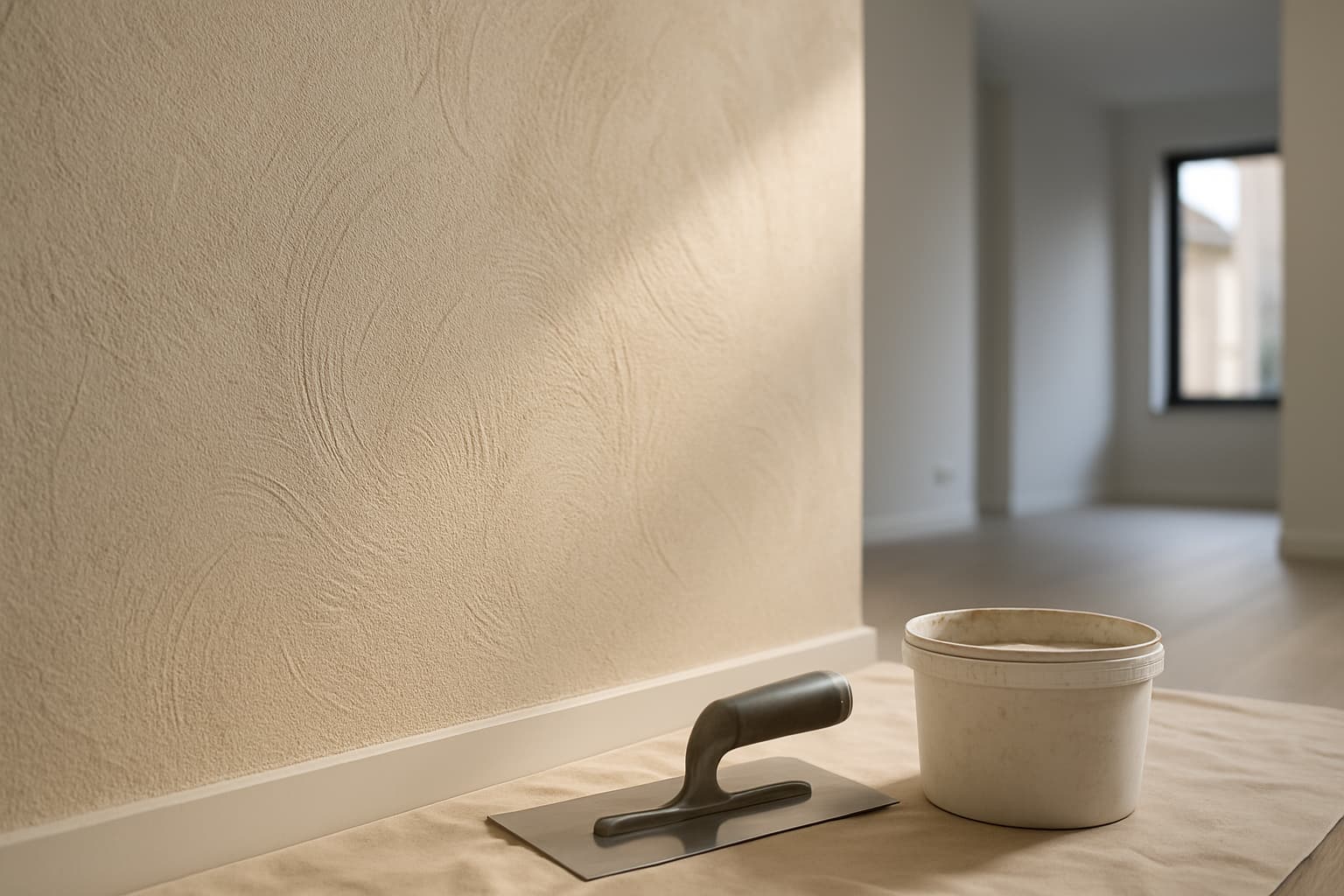 Close-up van een beige spachtelputz wand met korrelige structuur, met een stalen spaan en emmer sierpleister ernaast in daglicht
