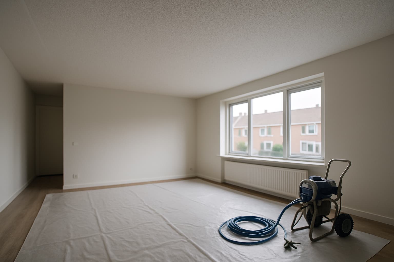 Lege lichte woonkamer met wit spackspuitwerk plafond met fijne korrelstructuur, met spuitpistool en vloerbescherming in de hoek