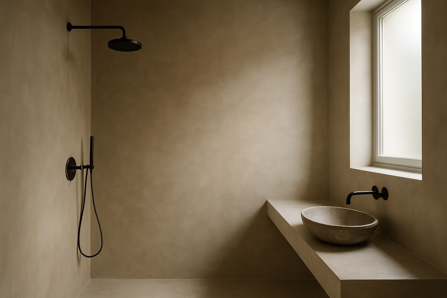 Moderne badkamer met naadloze getextureerde tadelakt stucwerkwanden in warm grijsbeige, met inloopdouche en stenen wasbak in zacht daglicht