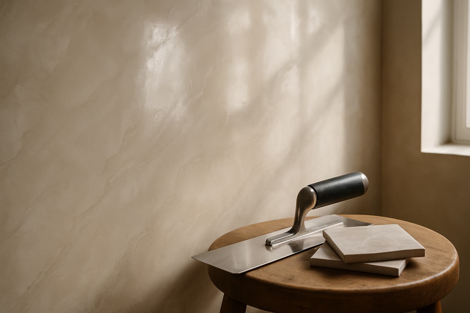 Wand met gepolijst Venetiaans stucwerk in warme off-white tinten met marmerachtige glans, zijlicht uit een raam en een stalen spaan met staaltjes op een houten krukje