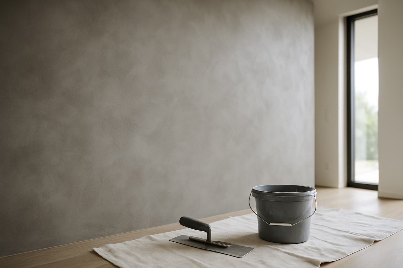 Strakke betonlook wand met grijze wolkstructuur in een moderne woonkamer, met een stalen stucspaan en emmer mineraalcoating op de vloer bij daglicht