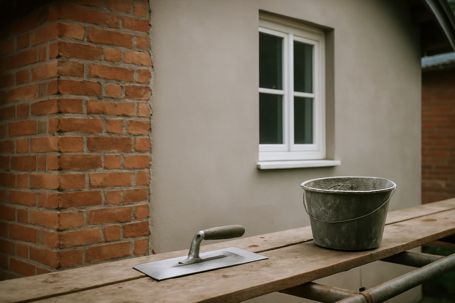 Buitenmuur van een woning die deels is voorzien van verse buitenstuc, met daarnaast onbehandeld baksteenwerk en stucgereedschap op een steiger
