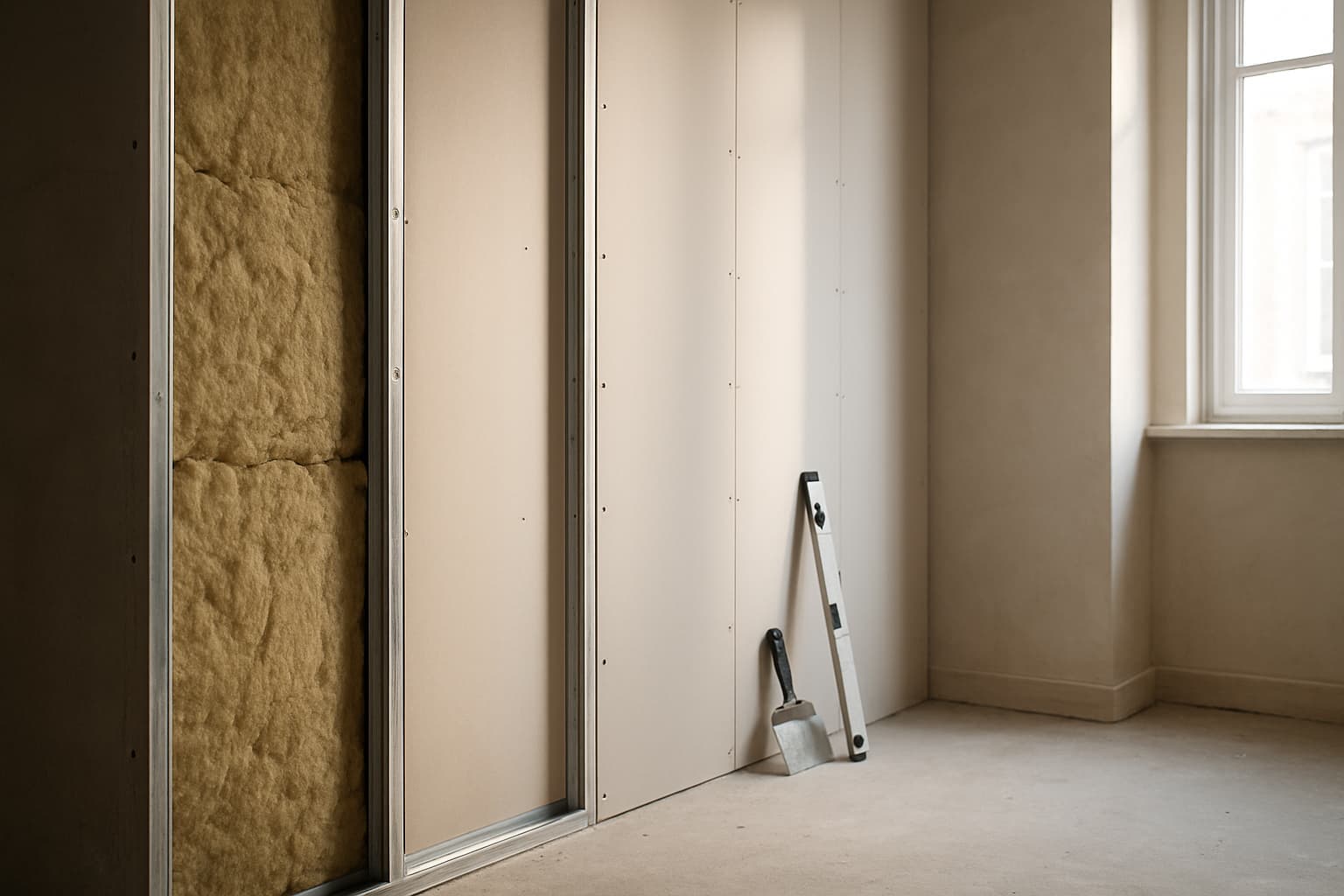 Half opgebouwde geluidsisolerende voorzetwand met metalen stijlen, minerale wol en dubbele gipsplaten, naast een glad gestuukte wand in een leeg vertrek met daglicht.