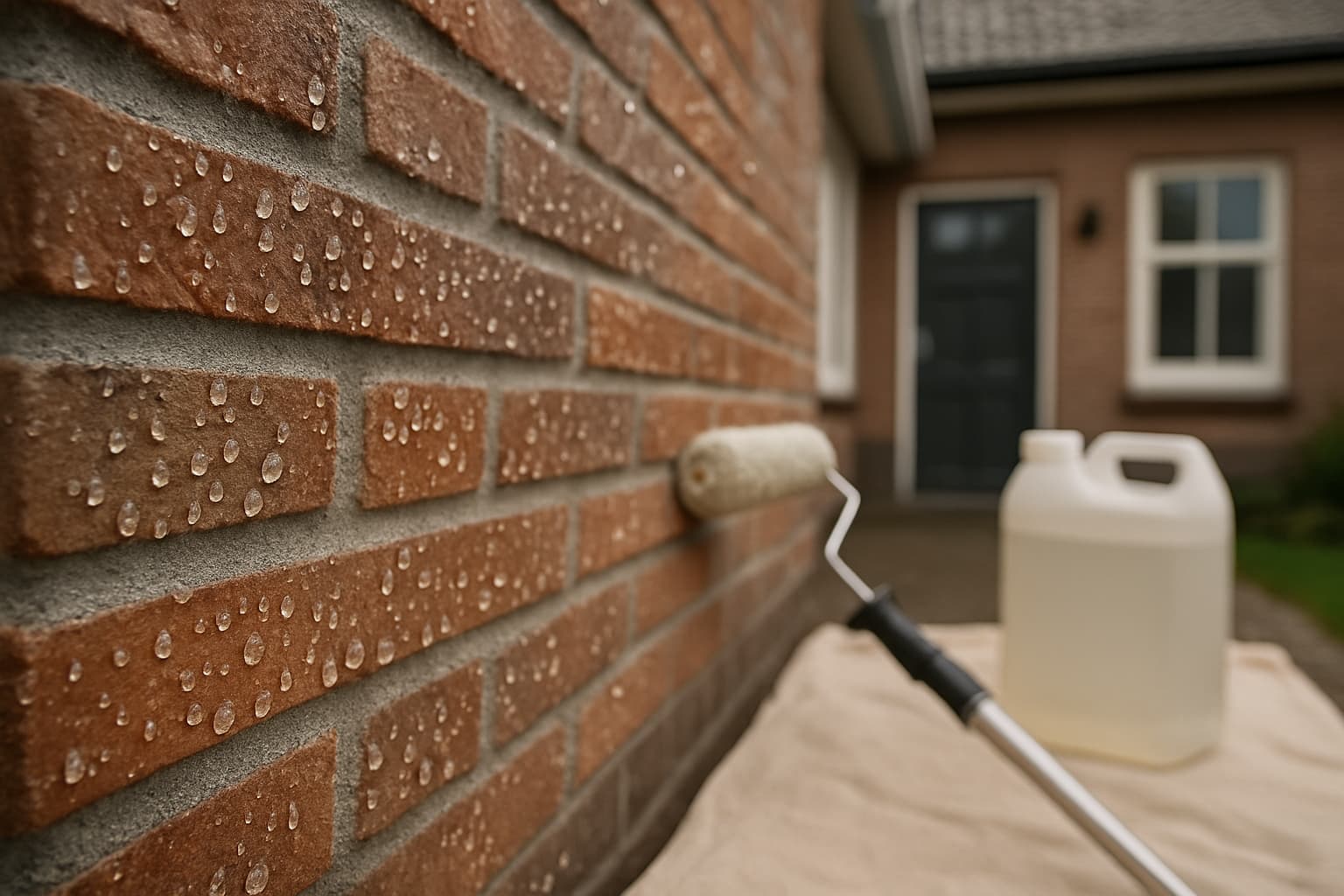 Close-up van een bakstenen buitenmuur waarop waterdruppels blijven staan, met een verfroller op een steel en een emmer met heldere vloeistof ernaast