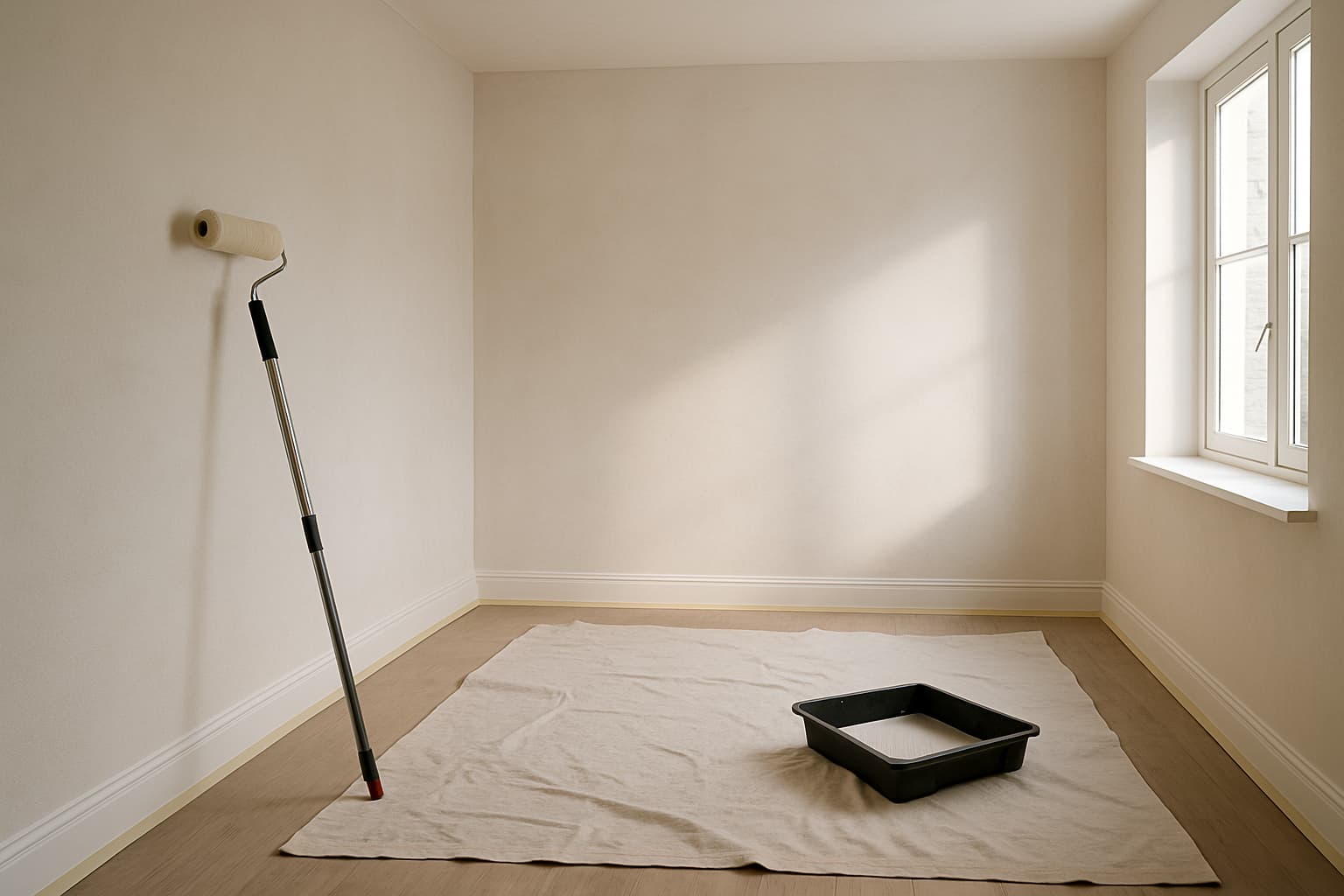 Lege kamer met gladde witte wanden, verfroller op verlengsteel, verfbak, afplaktape langs de plint en een stofdoek op de vloer in daglicht