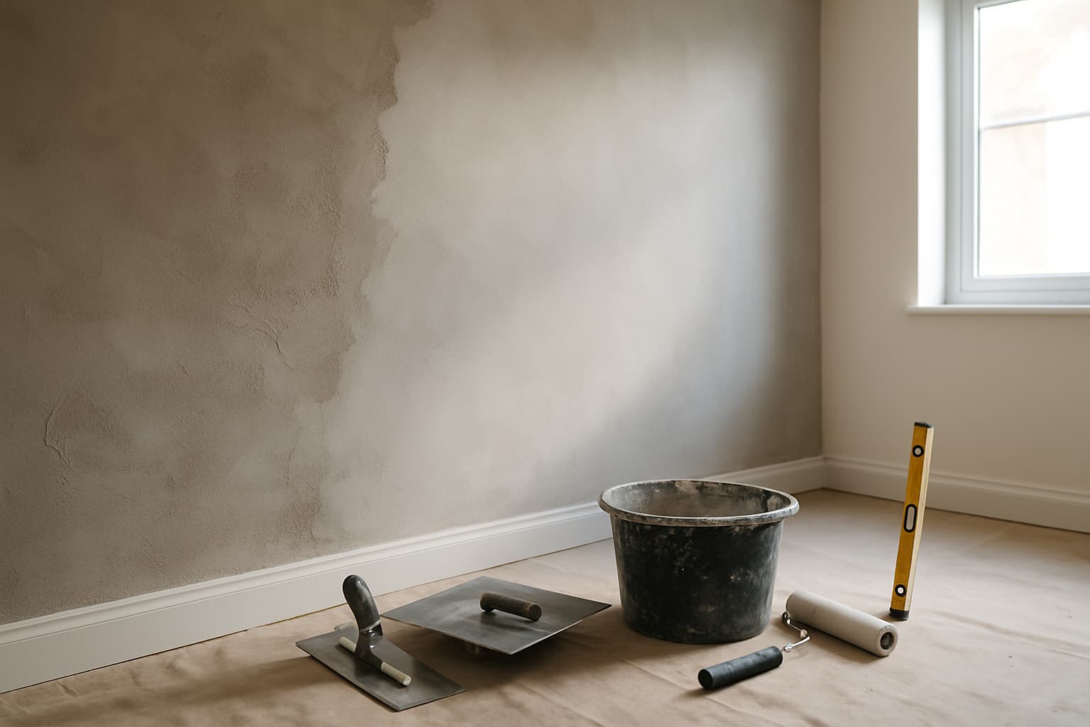 Lichte lege kamer waarin een wand wordt gestuukt, met stucspaan, plakspaan, emmer stucmortel en waterpas op een afgedekte vloer bij daglicht