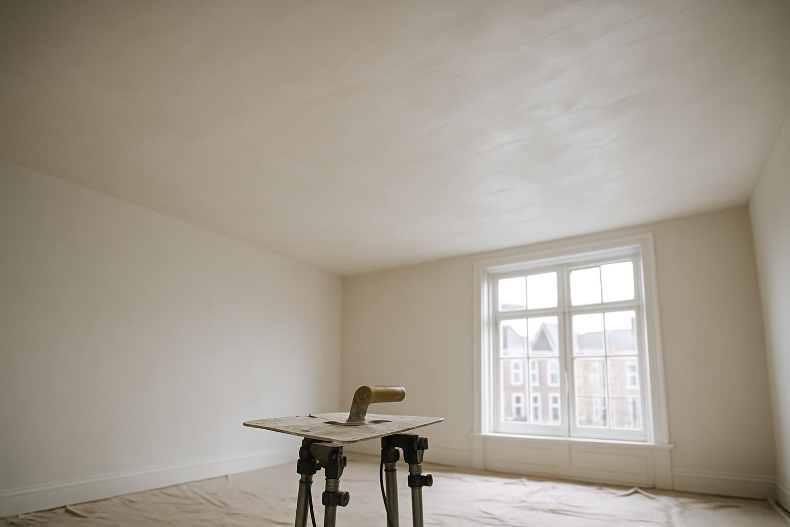 Zicht omhoog naar een pas gestuukt glad wit plafond in een lege woonkamer, met daglicht dat de structuur zichtbaar maakt en stucgereedschap op de afgedekte vloer.