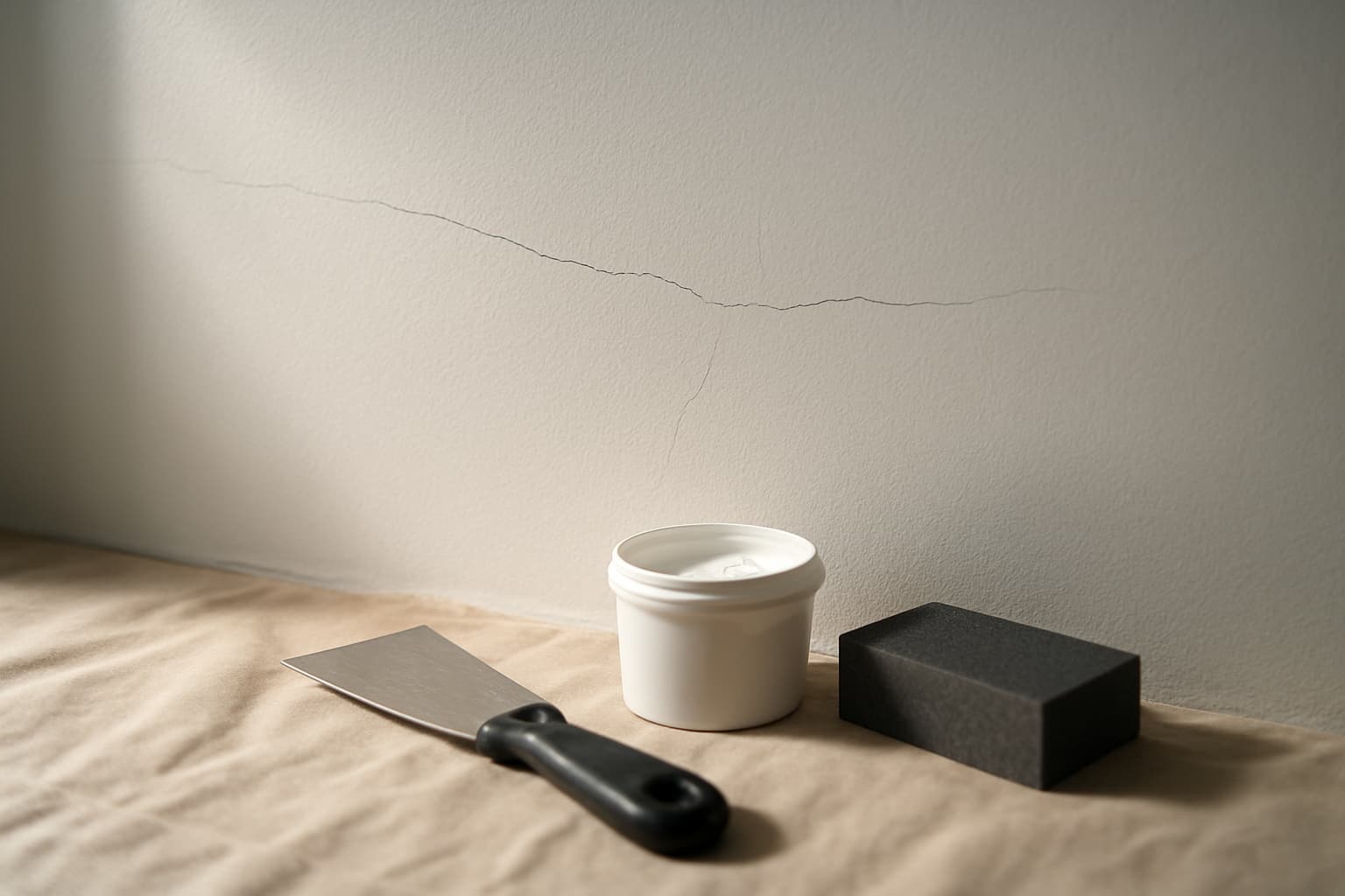 Close-up van een haarscheur in een witte gestucte wand met plamuurmes, vulmiddel en schuurspons ernaast in daglicht