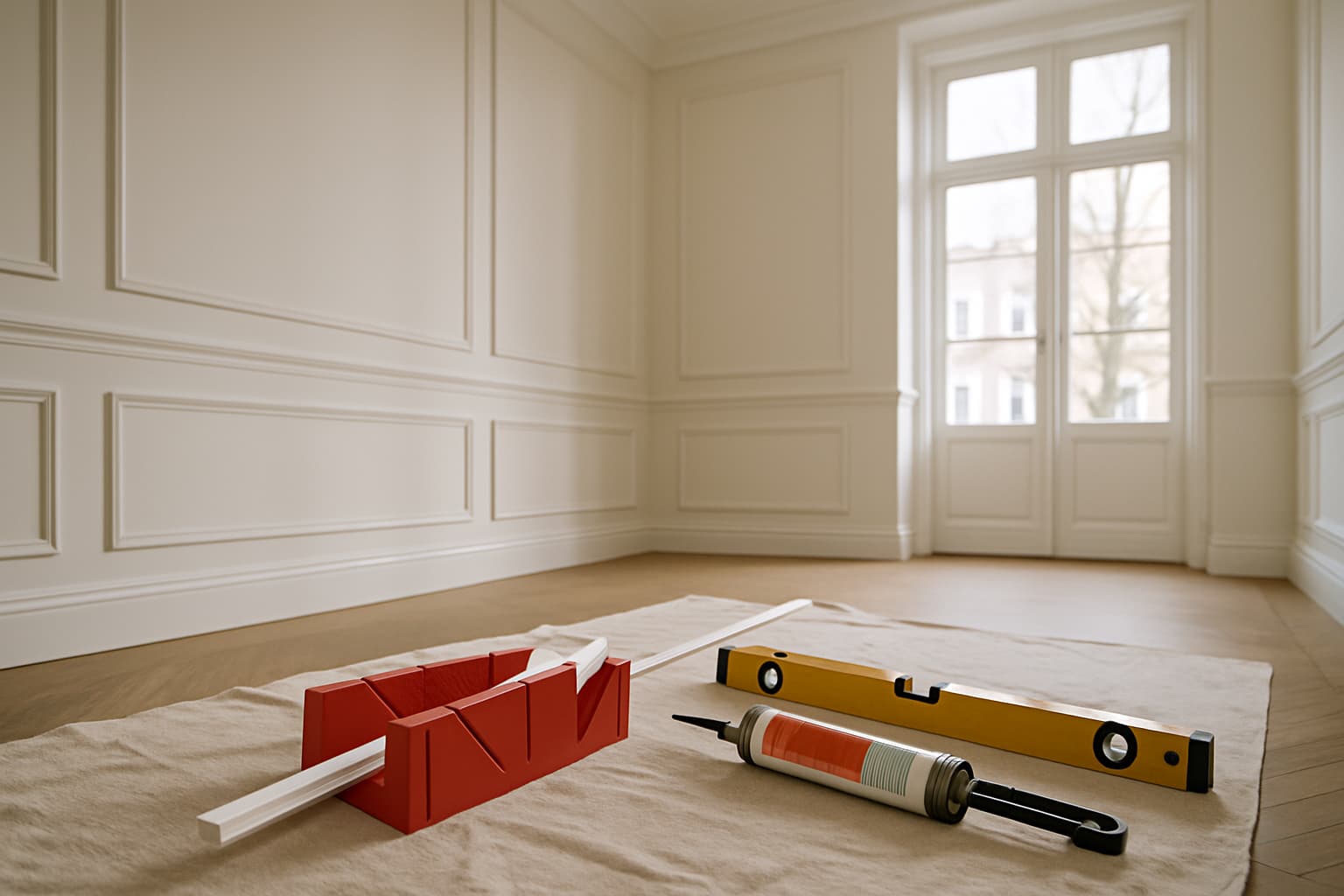 Lichte woonkamer met gestuukte wanden waarop sierlijsten en wandpanelen zijn geplaatst, met gereedschap zoals een waterpas en kitspuit op een stofdoek op de vloer