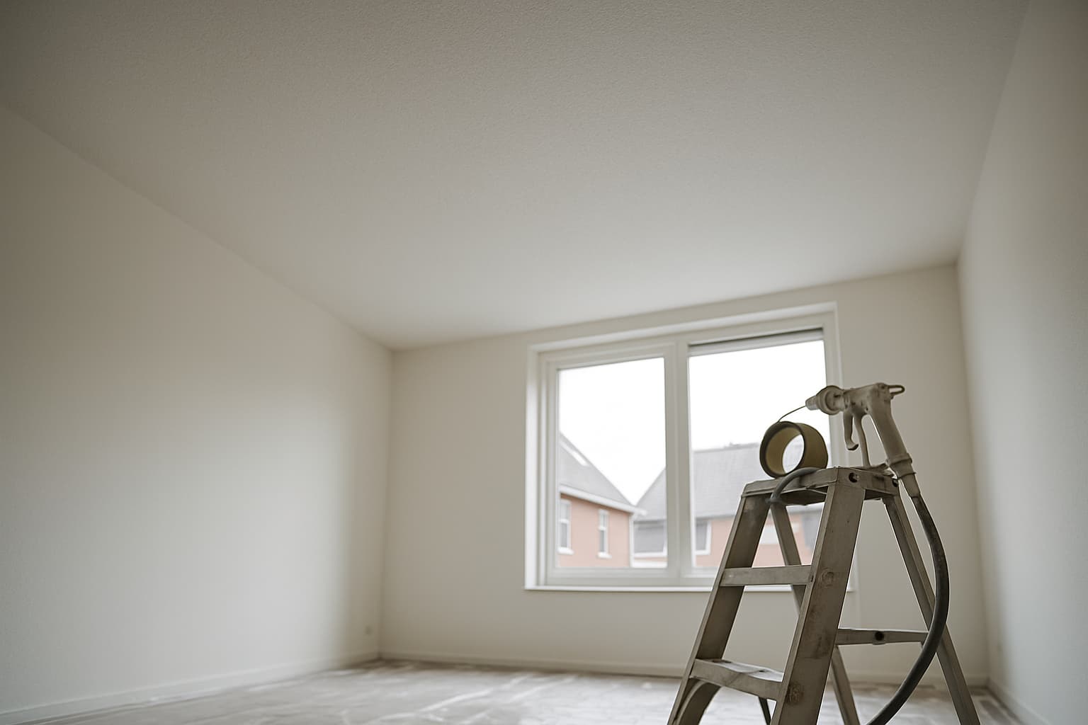 Wit plafond met fijne spuitwerktextuur in een lege kamer, met afdekfolie, trapje en spuitapparaat bij het raam