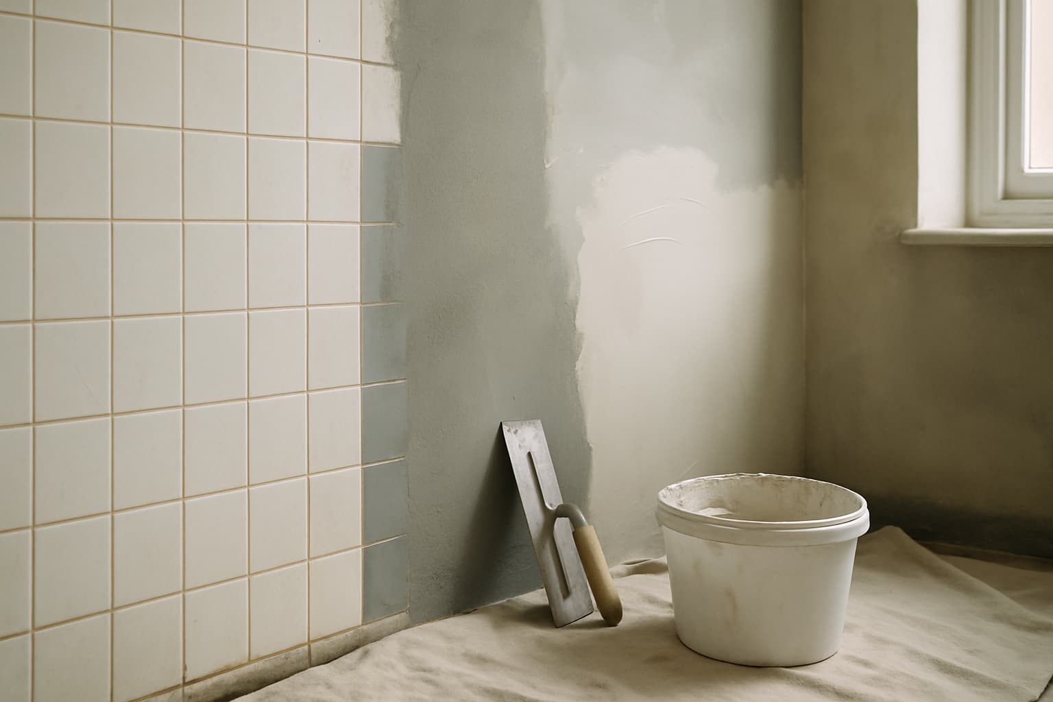 Badkamerwand tijdens renovatie: deels oude glanzende tegels, deels voorbehandeld met primer en een dunne laag stucwerk, met troffel en emmer op de vloer.