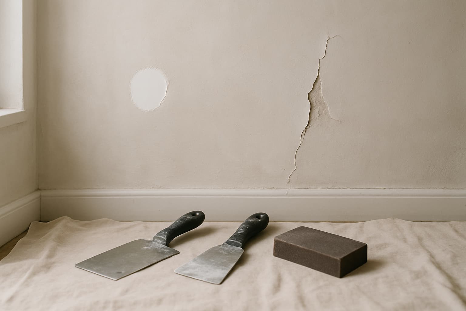 Stucwerk wand met gerepareerde plek en losse, gescheurde plaster, met plamuurmes, spaan en schuurblok op een stofdoek in natuurlijk daglicht