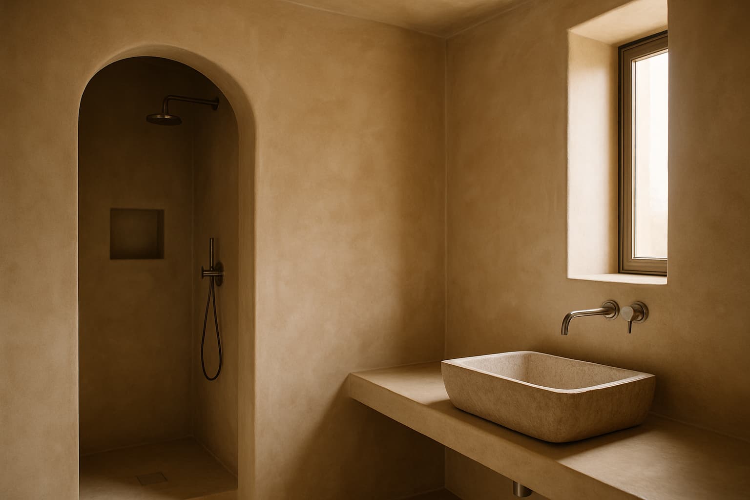 Moderne badkamer met naadloze, glanzend gepolijste tadelakt wanden in zandbeige tint, met inloopdouche en stenen wastafel in zacht daglicht