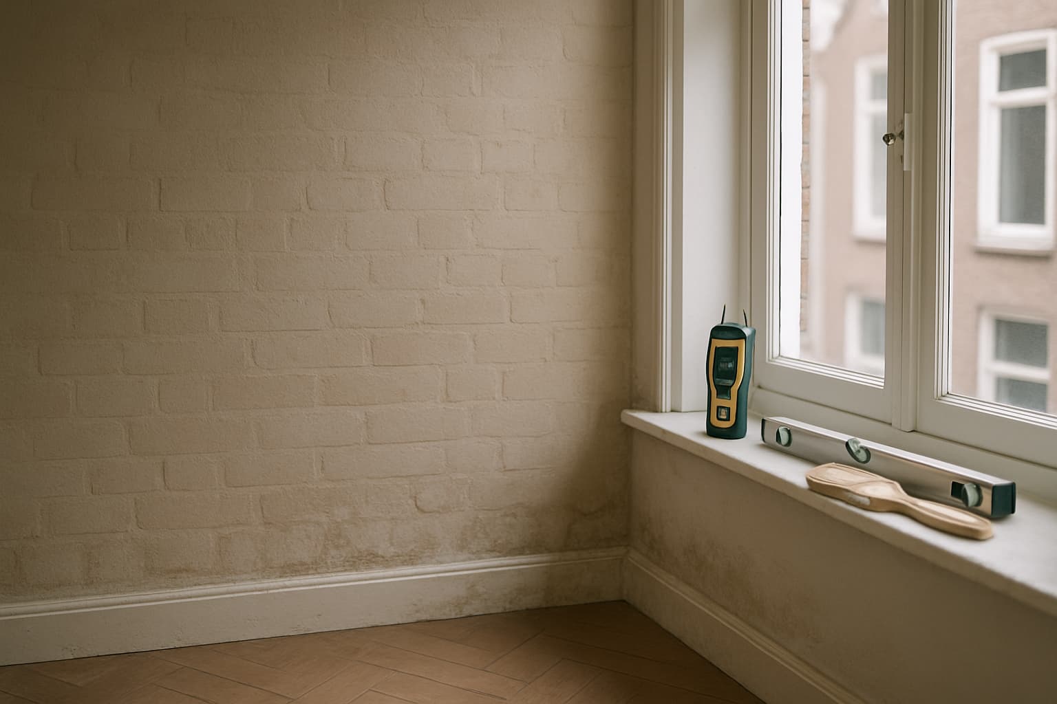 Kale bakstenen wand met vochtplekken en zoutuitslag onderaan, met een vochtmeter en gereedschap op de vensterbank in daglicht