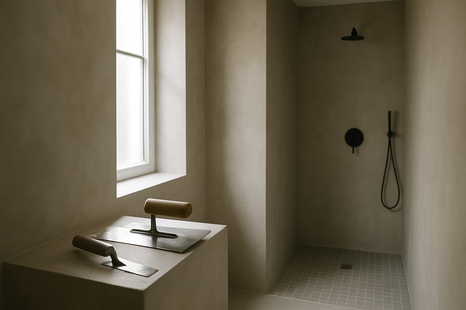 Moderne badkamer met gladde gestucte wanden in warm grijs, inloopdouche en stucgereedschap op de rand, verlicht door zacht daglicht