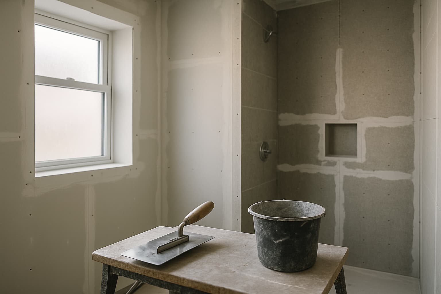 Badkamer in verbouwing met vochtwerende gipsplaten en cementgebonden platen in de douchezone, afgeplakte naden en een stucspaan op een werkbank bij daglicht