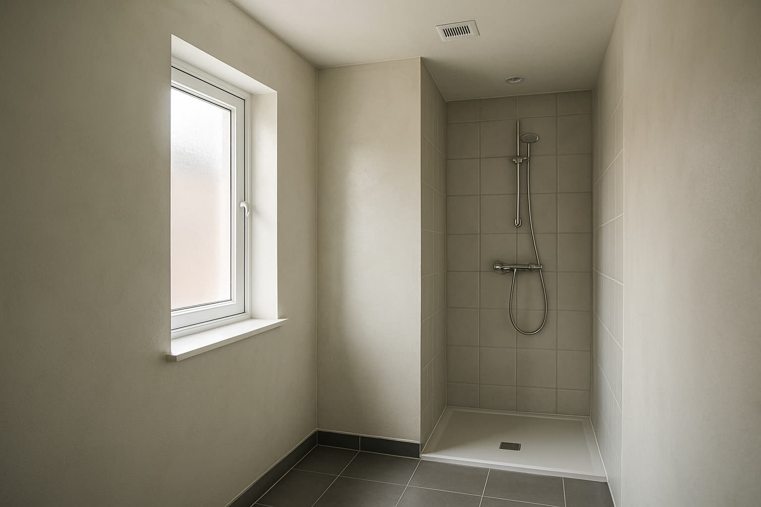 Lichte badkamer met glad gestuukte wanden, ventilatierooster in het plafond en daglicht door een matglazen raam