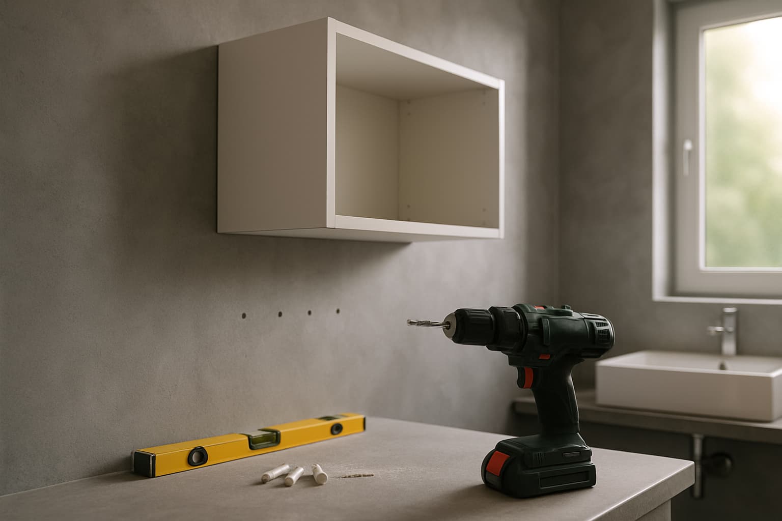 Gestucte badkamerwand waar een wandkast wordt opgehangen, met boormachine, pluggen en waterpas op de voorgrond