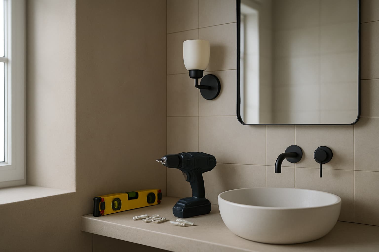 Badkamerwand met glad stucwerk en tegels, een eenvoudige wandlamp naast de spiegel boven de wastafel en montagegereedschap zoals boormachine, pluggen en waterpas op een richel