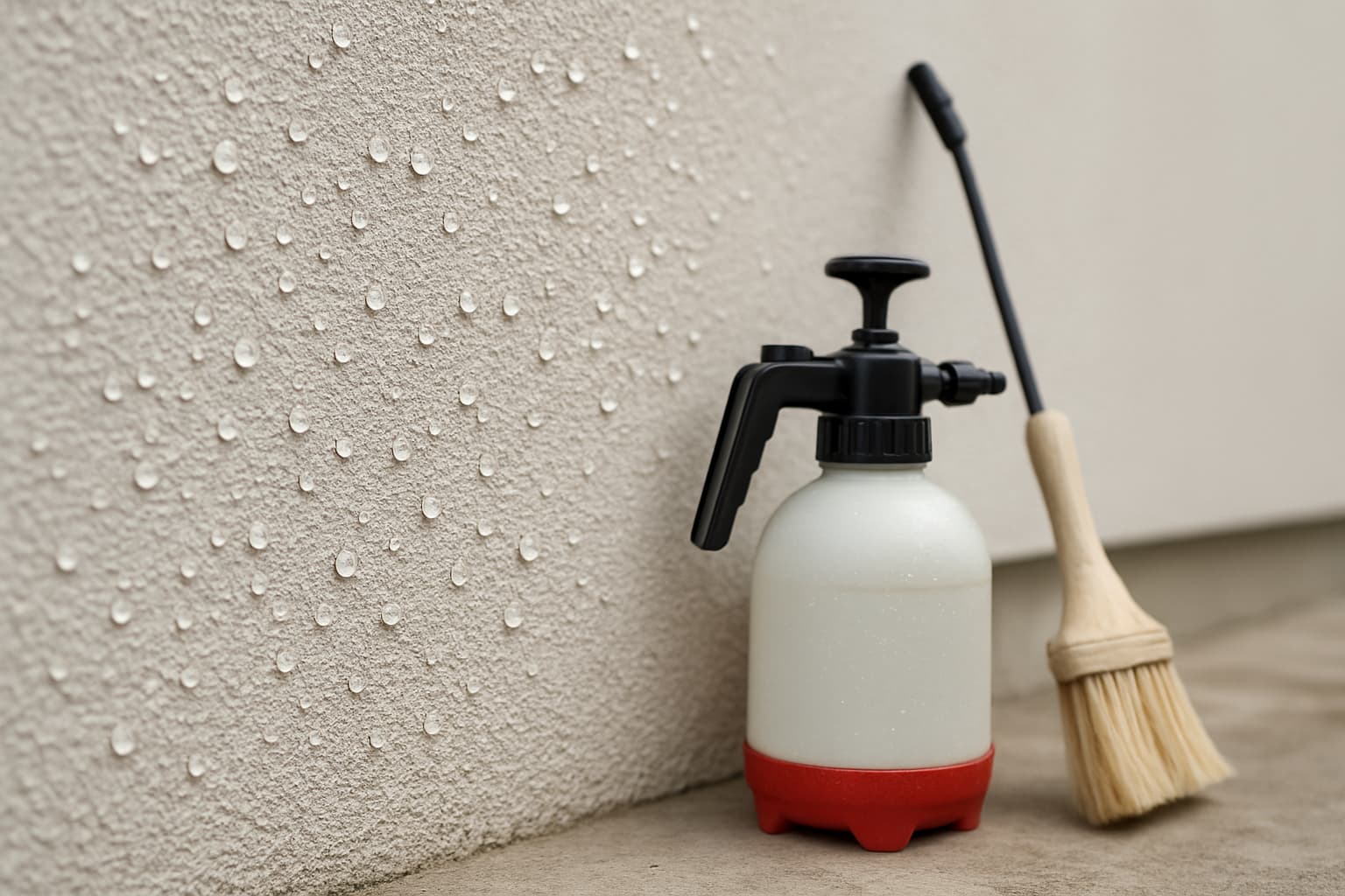 Detail van een gestucte buitenmuur in daglicht waarop waterdruppels afparelen, met een drukspuit en kwast tegen de gevel