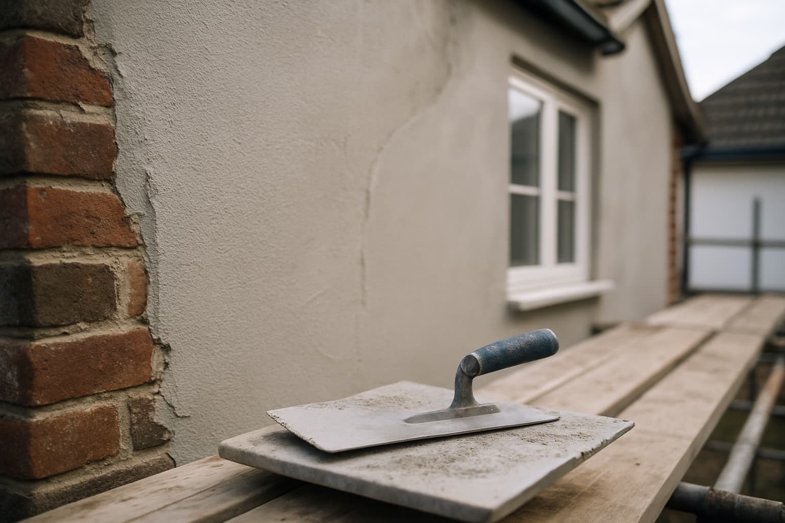 Buitenmuur van een woning die wordt gestuct met minerale mortel, met troffel en steiger in daglicht