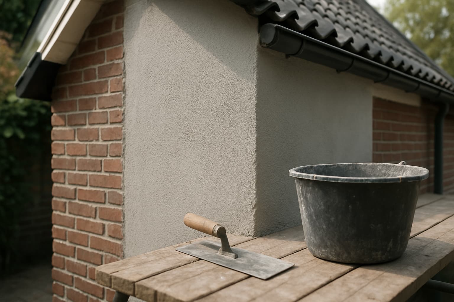 Buitengevel van een woning met versgestuukte minerale pleisterlaag over metselwerk, met troffel en mortelemmer op een steiger in daglicht