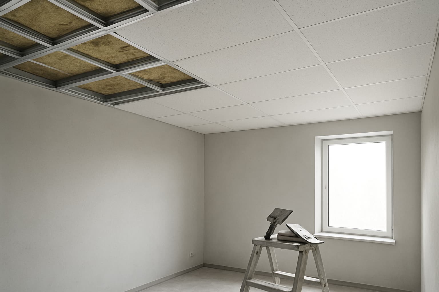 Modern leeg vertrek met deels afgewerkt akoestisch plafond: metalen profielen en isolatiewol zichtbaar naast een glad gestuct geperforeerd plafondvlak, met daglicht uit een groot raam.