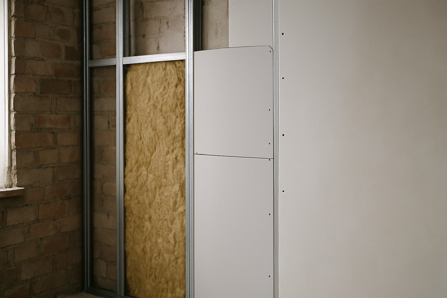 Onafgewerkte voorzetwand met metalen profielen, minerale wol en dubbele gipsplaten naast een glad gestuukt wandgedeelte, in daglicht.