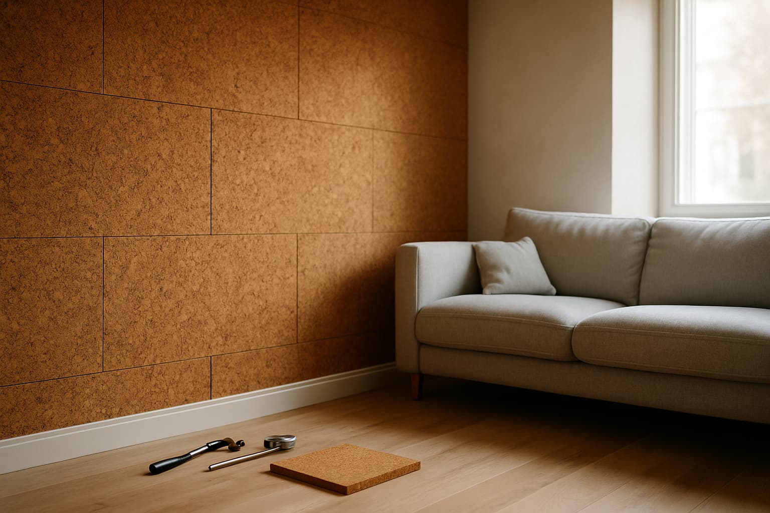 Woonkamerwand bekleed met natuurlijke kurkpanelen met korrelige structuur, naast glad wit stucwerk, in zacht daglicht