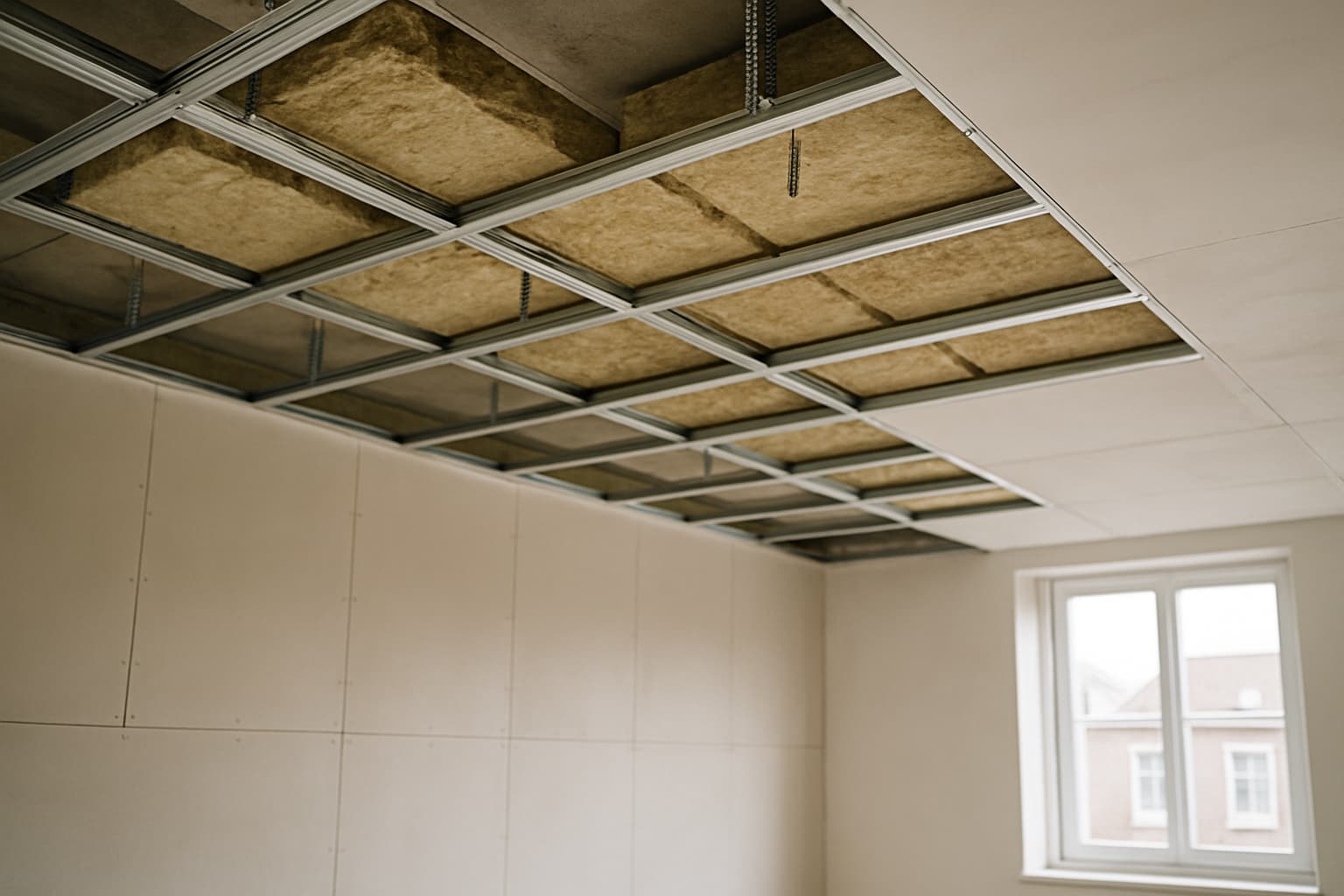 Verlaagd plafond in opbouw met metalen regelwerk, minerale wol isolatie en gipsplaten klaar voor stucwerk in een lege ruimte met daglicht