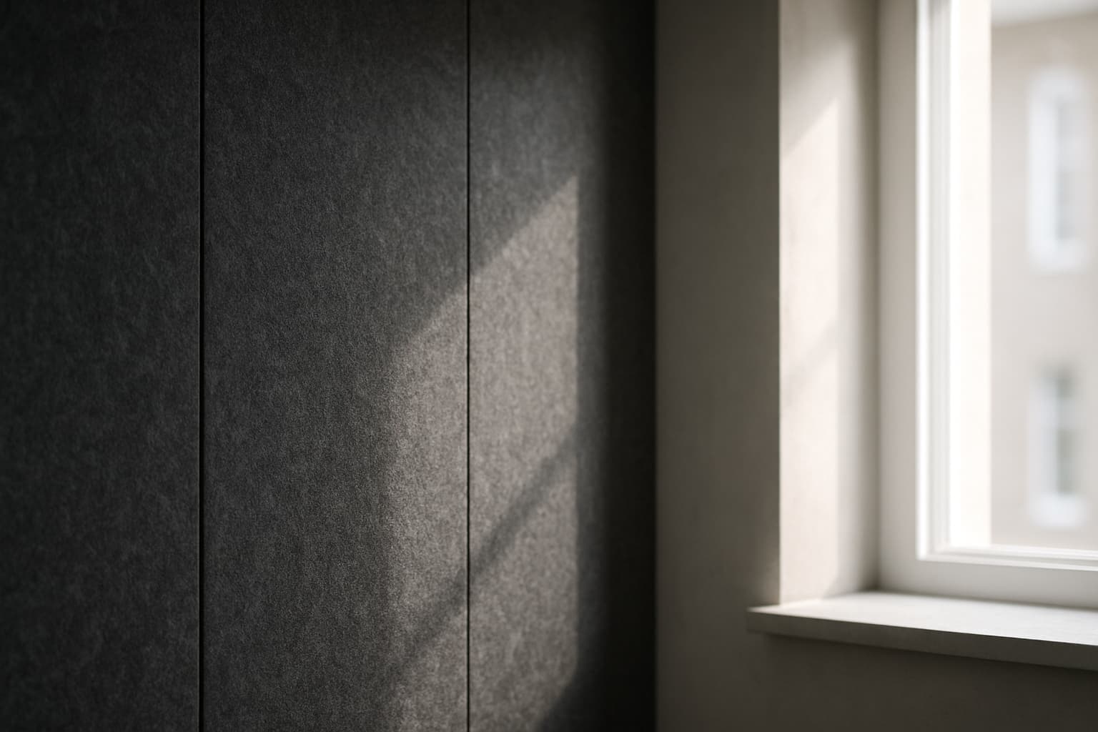 Moderne kamer met een wand deels bekleed met donkergrijze akoestische viltpanelen naast een vlak gestuukte wand, in zijlicht van een raam