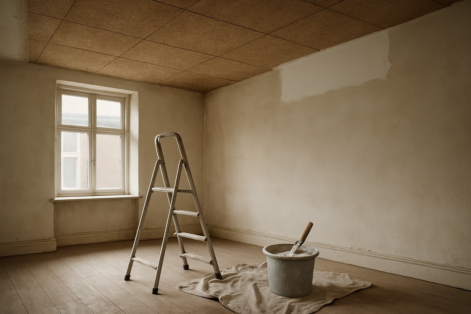 Leeg vertrek met oud zachtboard plafond waarvan een deel is overgezet met gipsplaat, met trapje, stofdoek en stucgereedschap op de vloer bij daglicht